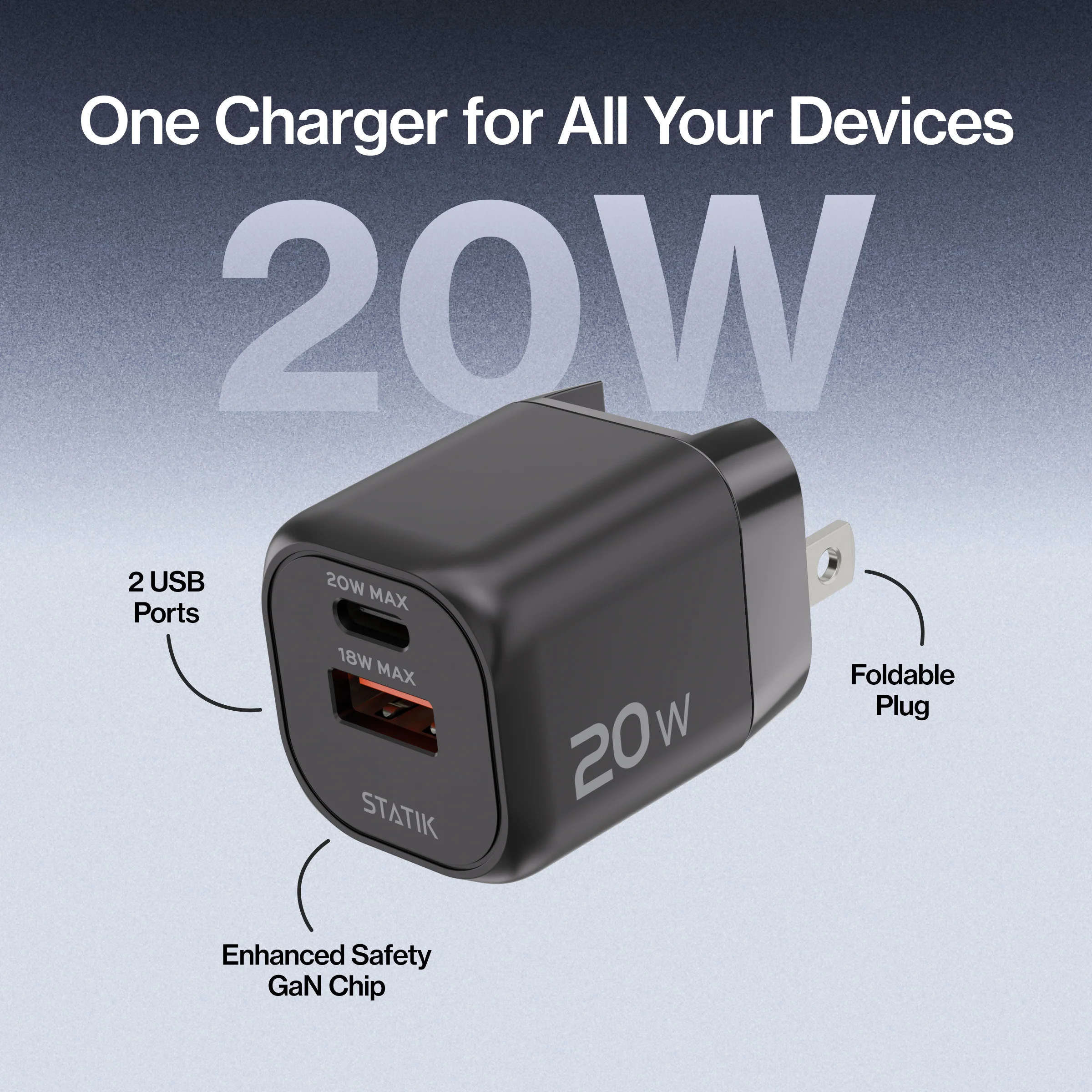 20W GaN Power Adapter | 2 Port Wall Charger | Universal & Compact - Image 3