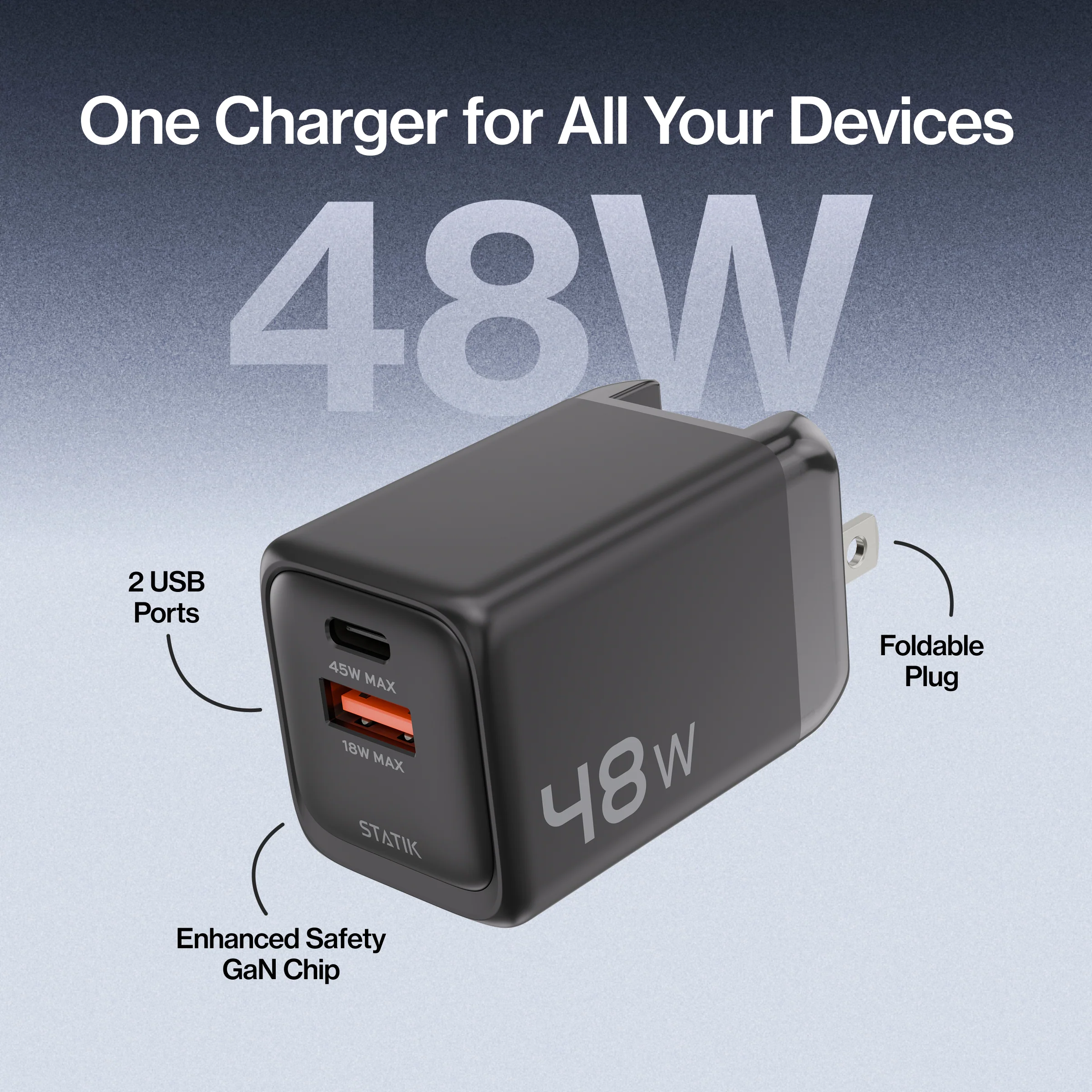 48W GaN Charger Global | Includes 3 International Plug Adapters (EU, UK, AU) - Image 3
