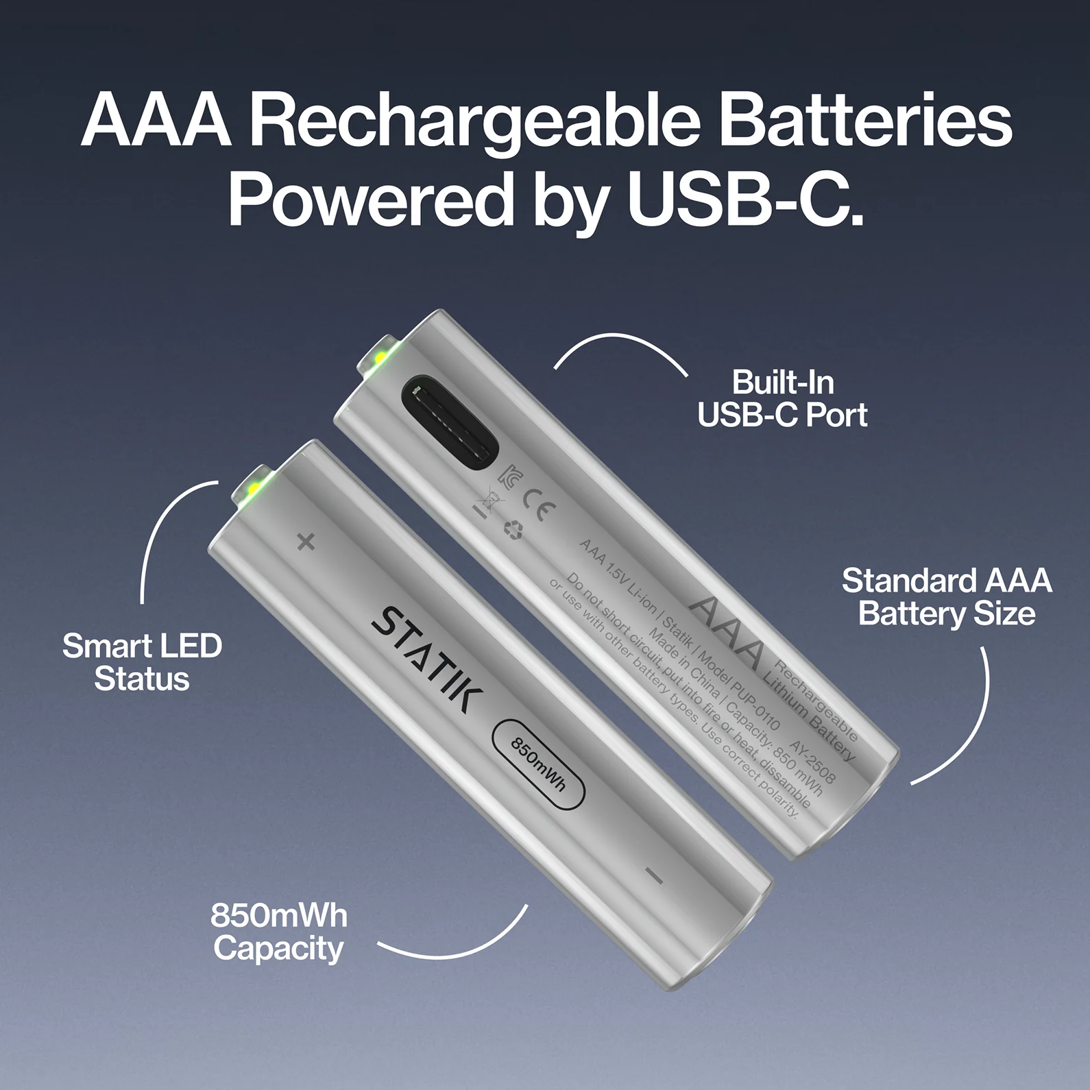 Rechargeable AAA Batteries | 4 Pack | USB-C Rechargeable - Image 3